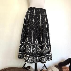WD-NY Black Linen Blend Sequin Paisley Black Midi Skirt Womens Sz 10 Boho Gypsy